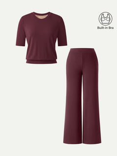 2Pcs Set Petite Wide Leg Pant with Pockets & Crewneck Bra Top