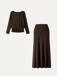 2Pcs Set Boatneck Long Sleeve Top & High-Rise A-Line Maxi Skirt