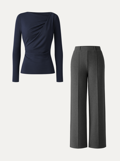 2Pcs Set Asymmetrical Neck Long Sleeve Top & High Waisted Straigh Leg Pull On Pant