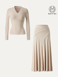 2Pcs Set V-neck Wide Binding Bra Top & Drapey A-Line Maxi Skirt