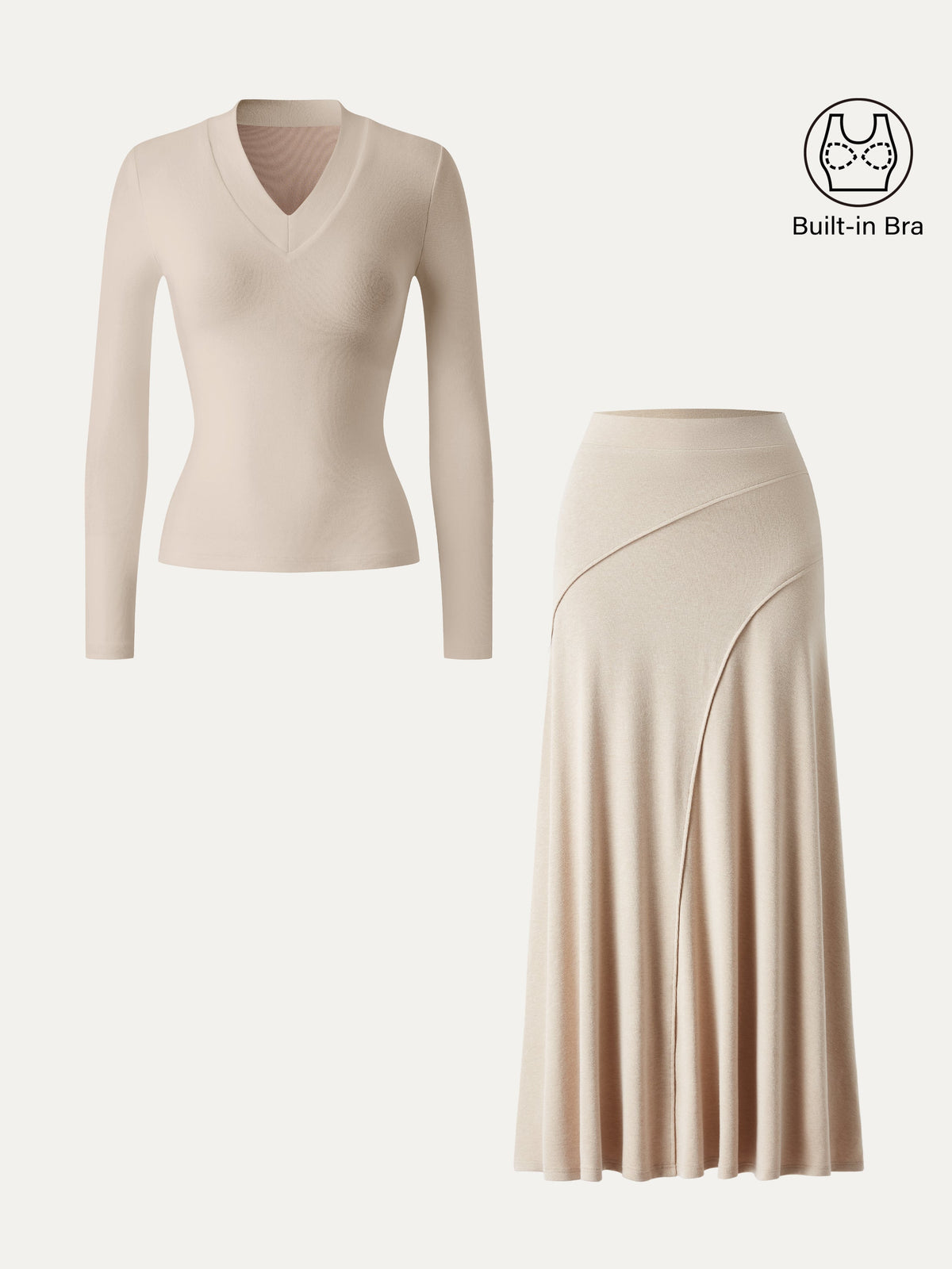2Pcs Set V-neck Wide Binding Bra Top & Drapey A-Line Maxi Skirt