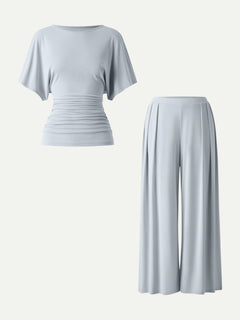 2Pcs Set Boatneck Sleeve Top & Wide Leg Palazzo Pant with Pockets