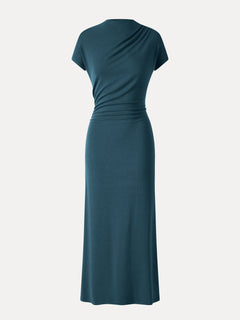Eco-Mousse® Mock Neck Cap Sleeve Ruched Midi Dress