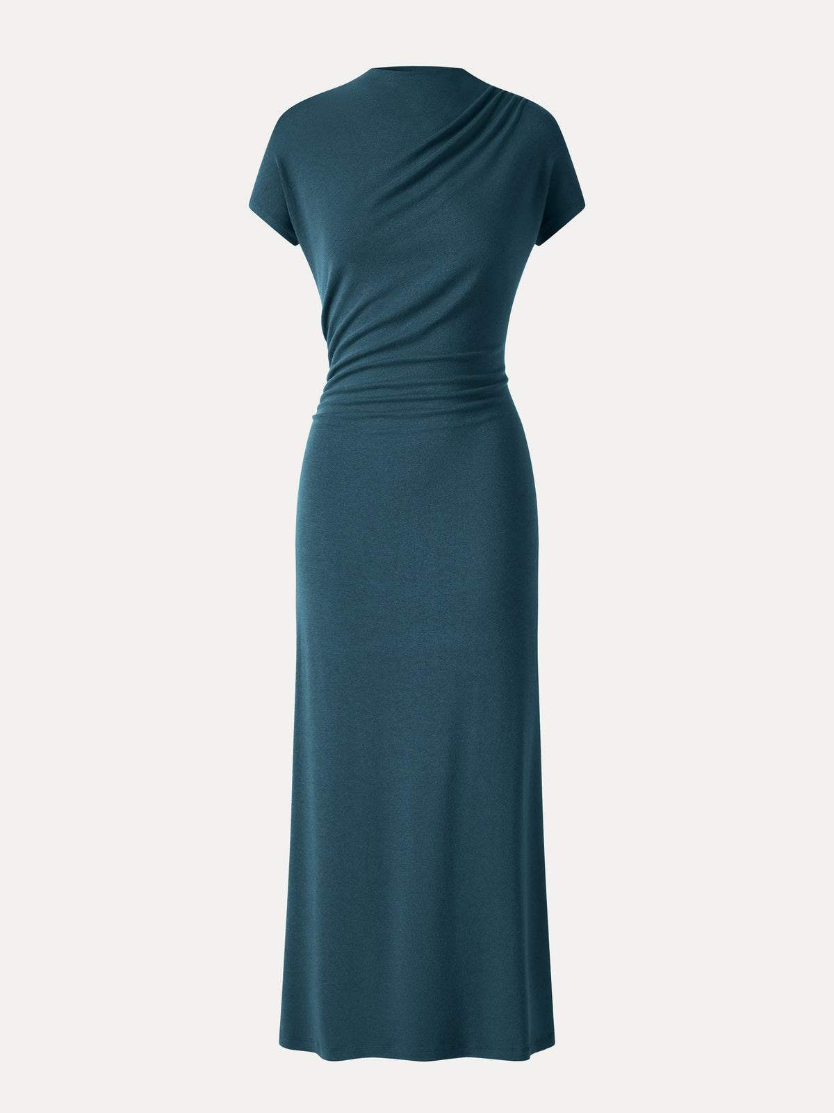 Eco-Mousse® Mock Neck Cap Sleeve Ruched Midi Dress