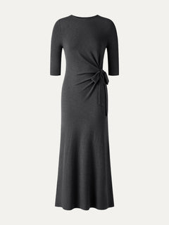 Slub Ribbed Round Neck Elbow Sleeve Tie-Waist Midi Dress