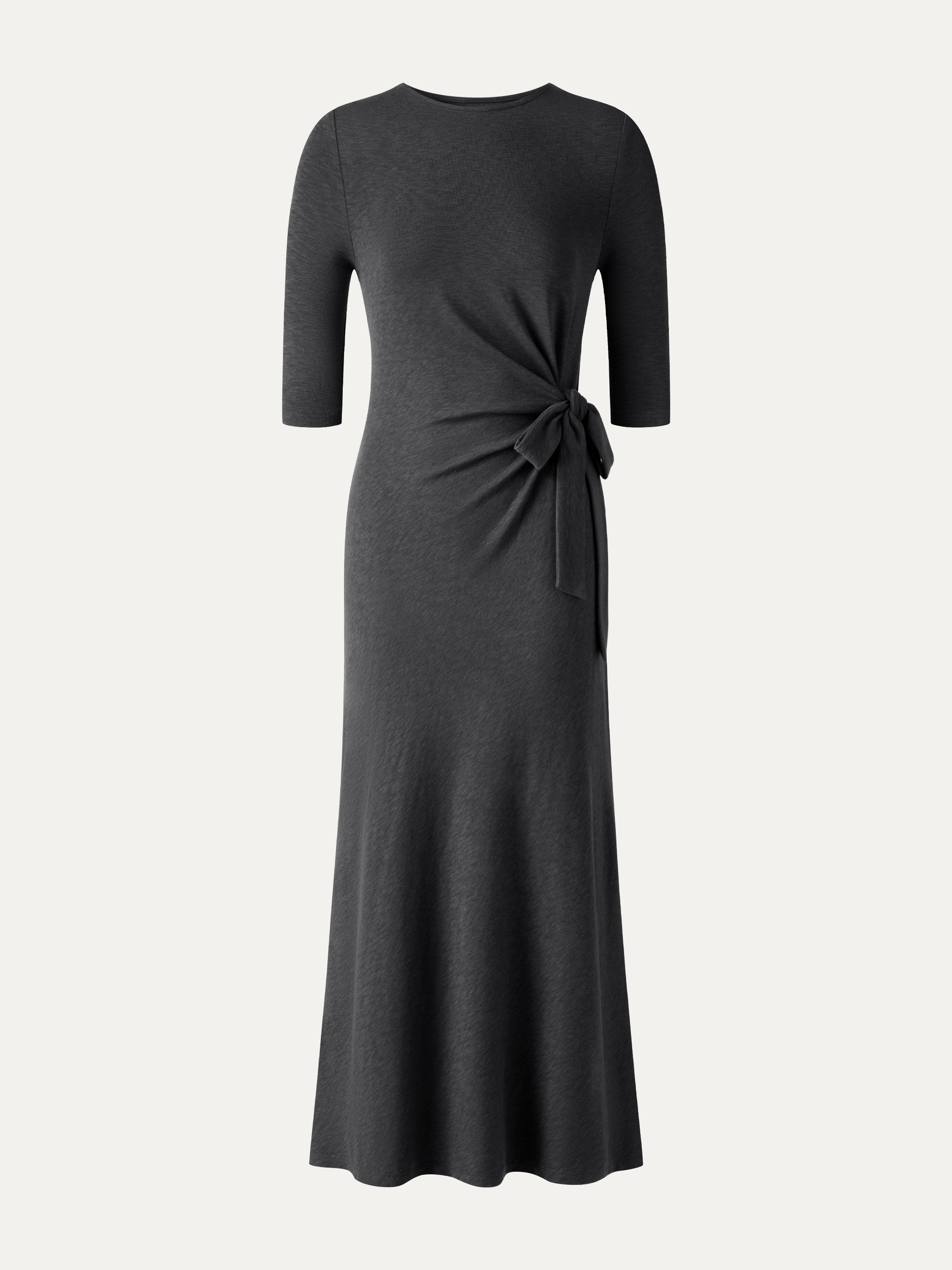 Slub Ribbed Round Neck Elbow Sleeve Tie-Waist Midi Dress