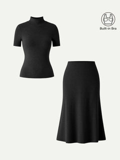 2Pcs Set Mockneck Short Sleeve Bra Top & Pull-On Midi Skirt