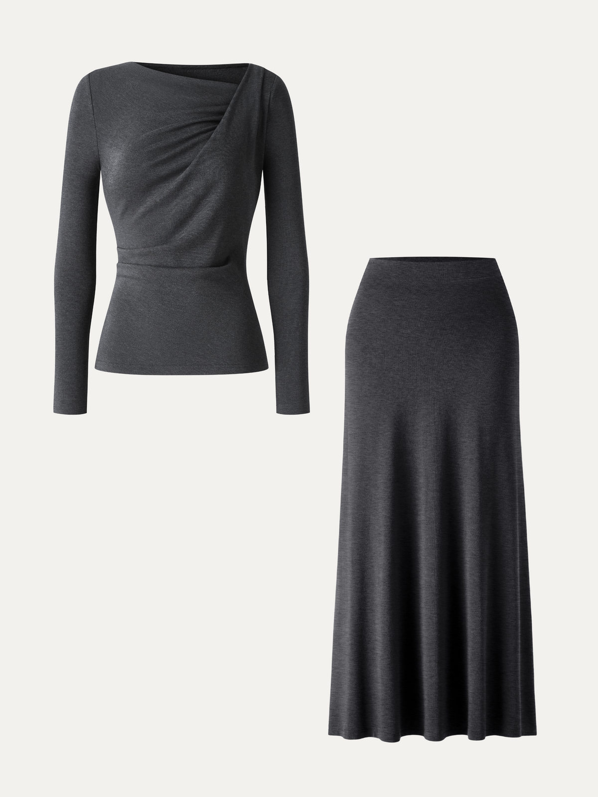 2Pcs Set Asymmetrical Neck Long Sleeve Top & High-Rise A-Line Maxi Skirt