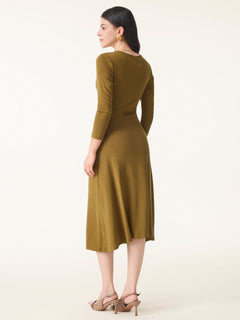 Eco-Mousse® Surplice 3/4 Sleeve Side-Tuck Midi Dress