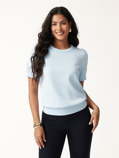 2Pcs Set Round Neck Puffed Short Sleeve Top & Cropped Straight-Leg Pants with Pockets