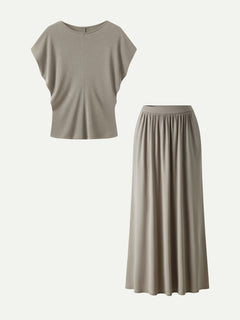 2Pcs Set Round Neck Top & A-Line Maxi Skirt