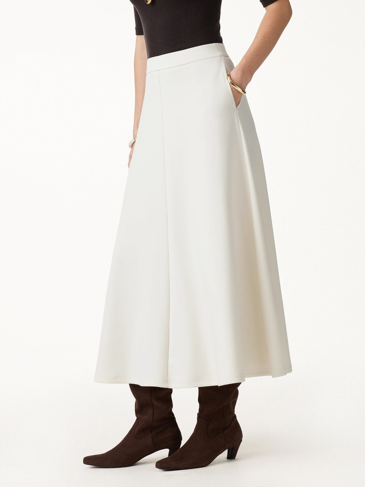 Modal Spacer Knit High-Rise Umbrella Midi Skirt with Pockets