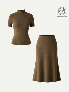 2Pcs Set Mockneck Short Sleeve Bra Top & Pull-On Midi Skirt
