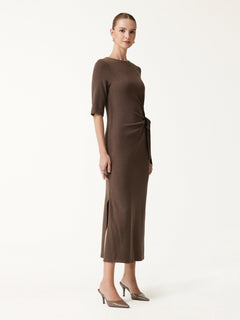 Slub Ribbed Round Neck Elbow Sleeve Tie-Waist Midi Dress