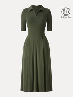 Polo Neck Elbow Length Sleeve Midi Bra Dress with Pockets