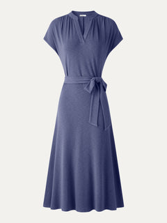 V-Neck Short Sleeve Belted Midi Dress