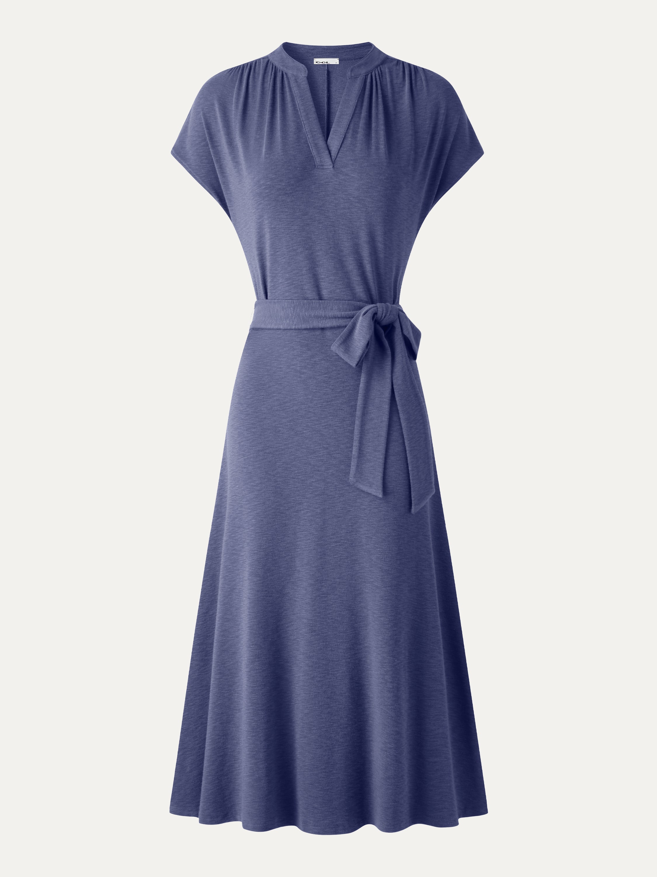 V-Neck Short Sleeve Belted Midi Dress
