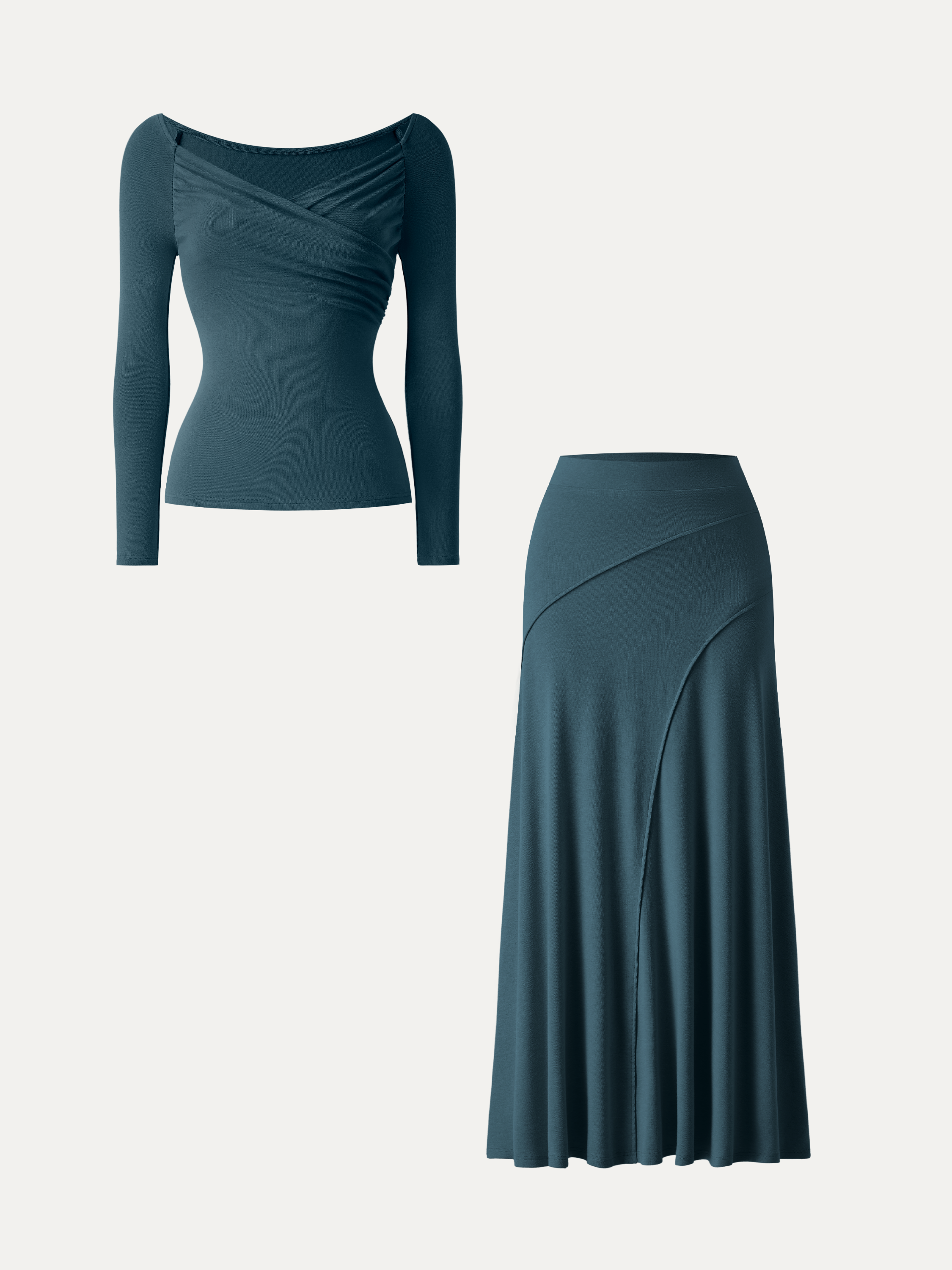 2Pcs Set Surplice Long Sleeve Ruched Top &  A-Line Midi Skirt