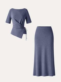 2Pcs Set Short Sleeve Tie-Side Top & Side-Slit A-Line Midi Skirt