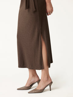 Slub Ribbed Round Neck Elbow Sleeve Tie-Waist Midi Dress