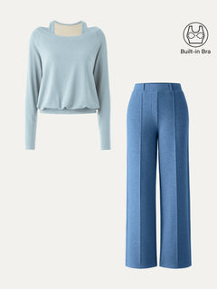2Pcs Set Multi-Wear Layering Bra Top & High Waisted Straight Leg Pull On Pant