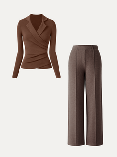 2Pcs Set Collared Surplice Top & High Waisted Straight Leg Pull On Pant