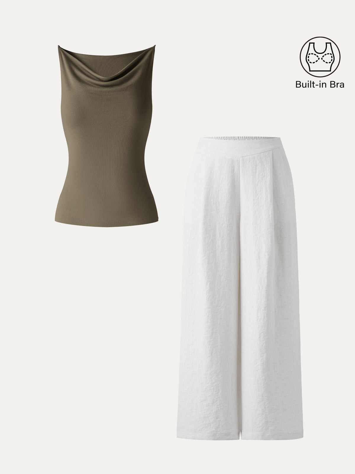 2Pcs Set Cowl Neck Bra Tank & Mid Rise Wide Leg Pant with Pockets