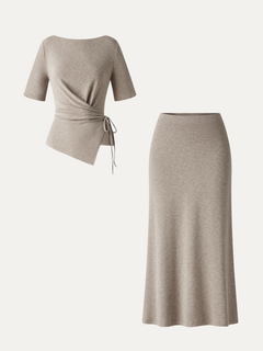2Pcs Set Short Sleeve Tie-Side Top & Side-Slit A-Line Midi Skirt
