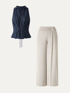 2Pcs Set Collared V-neck Top & Mid-Rise Wide-Leg Lounge Pants