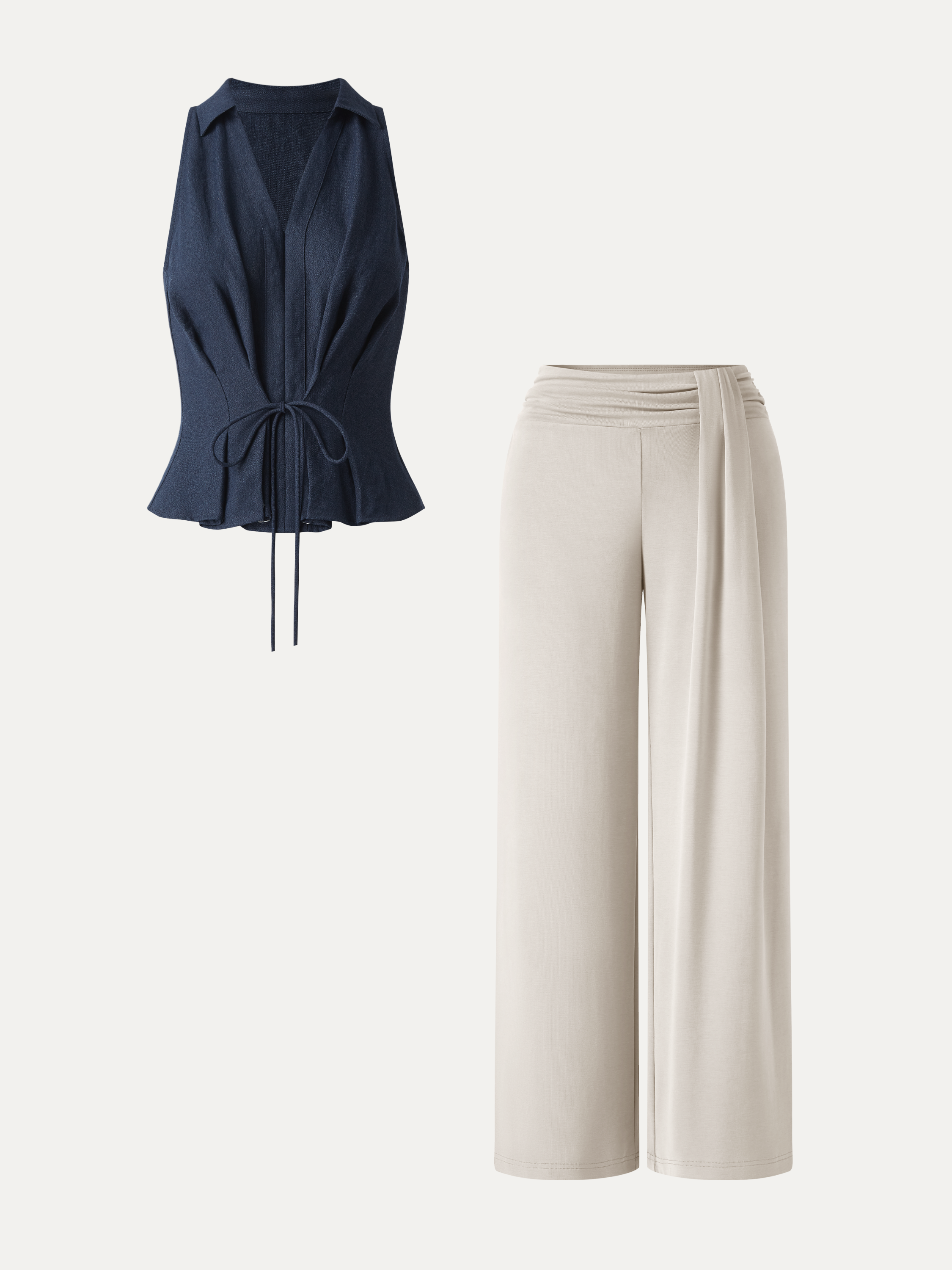 2Pcs Set Collared V-neck Top & Mid-Rise Wide-Leg Lounge Pants