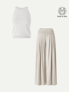 2Pcs Set Halter Neck Bra Tank & Tucked Pant with Pockets