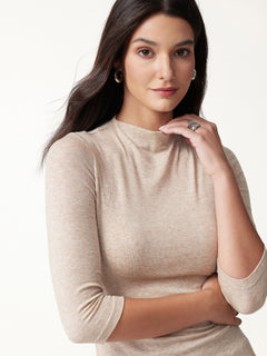 Premium Lyocell-Wool Knit Mock Neck 3/4 Sleeve Bra Top