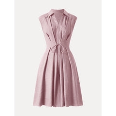 Viscose-Linen Collared V-neck Midi Dress with Drawstring